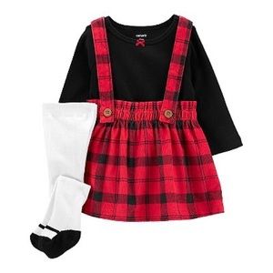NWT Carter's 3-Piece Red & Black Jumper, Tee & Tights Set